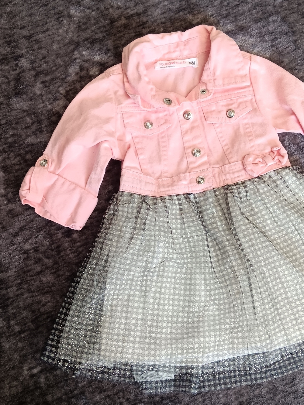 Young Hearts Girls Pink/Grey Dress Collared Rhinestone Snap Tulle Skirt 24M